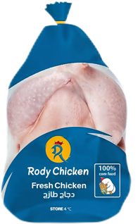 Two blue packages of Rody Chicken, one showing fresh chicken inside and the other displaying product information and logo.
