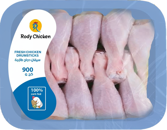 A package of raw chicken drumsticks arranged in two rows, with a label on the top left corner indicating the brand and weight.